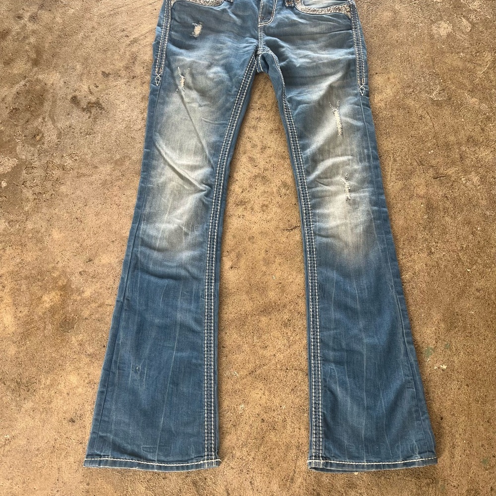 Rock Revival Women's Light Blue Flare Jeans with Distressed Accents